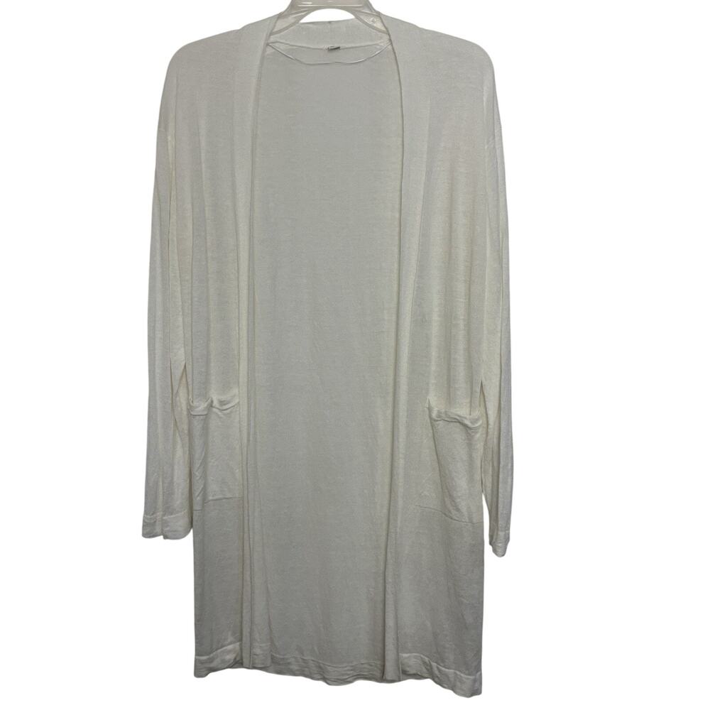 Uni Qlo Linen Blend White Open Front Cardigan Small Bridal Coastal Beachy Boho